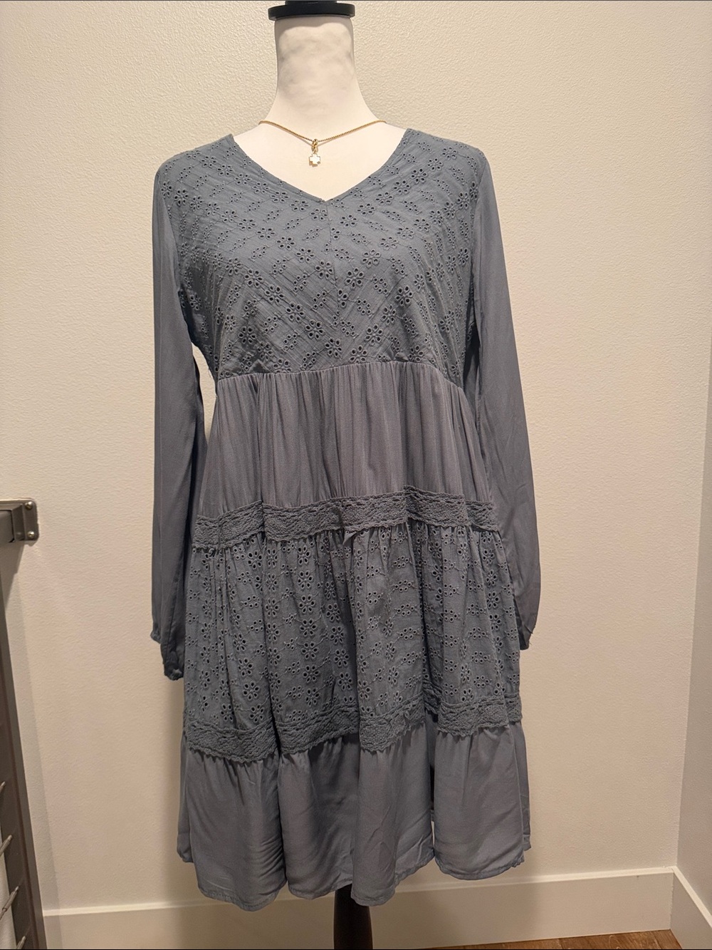 easel Slate Blue Long Sleeve Eyelet Tiered Dress - Picture 1 of 4